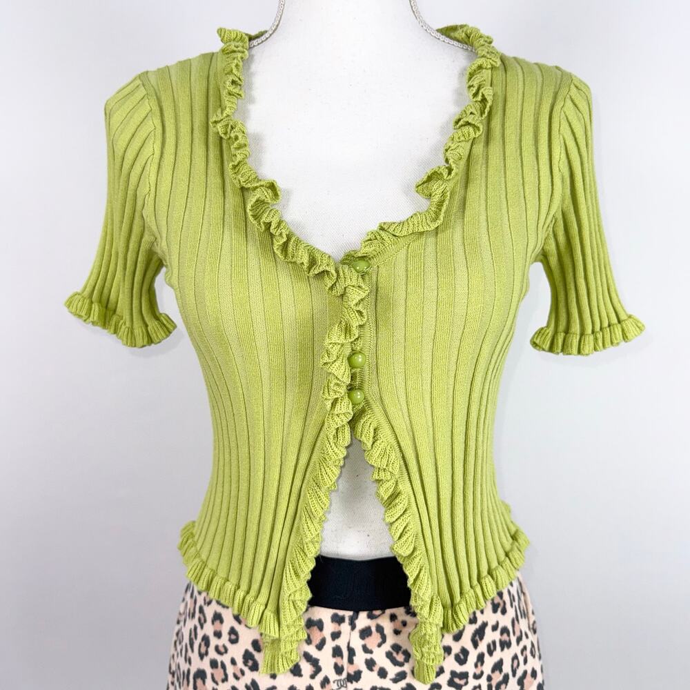 Retro Y2K Ribbed Ruffle Trim Cropped Open Cardigan Women's Medium Chartreuse